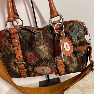 Fossil Women's Brown and Red Tapestry carpet Canvas leather Shoulder Bag, Maddox